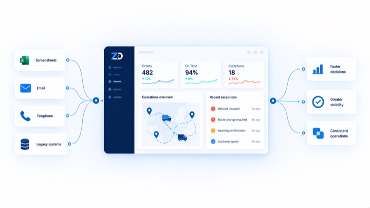 Spreadsheets, email, telephone and legacy systems feeding one operations dashboard showing orders, on-time performance and exceptions